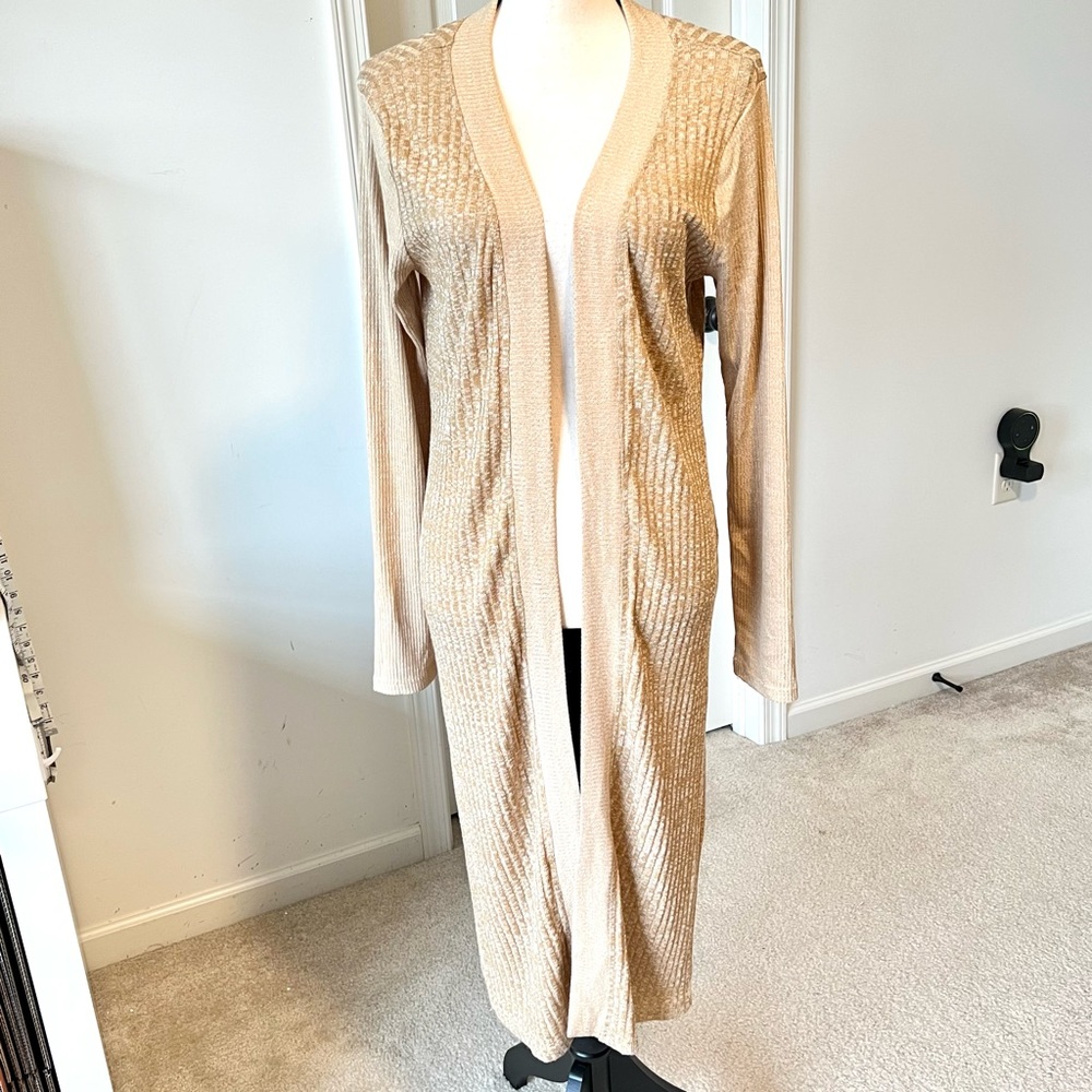 KORI America Rose Gold Sequin Elbow Patch Open Duster Cardigan—SZ. Small